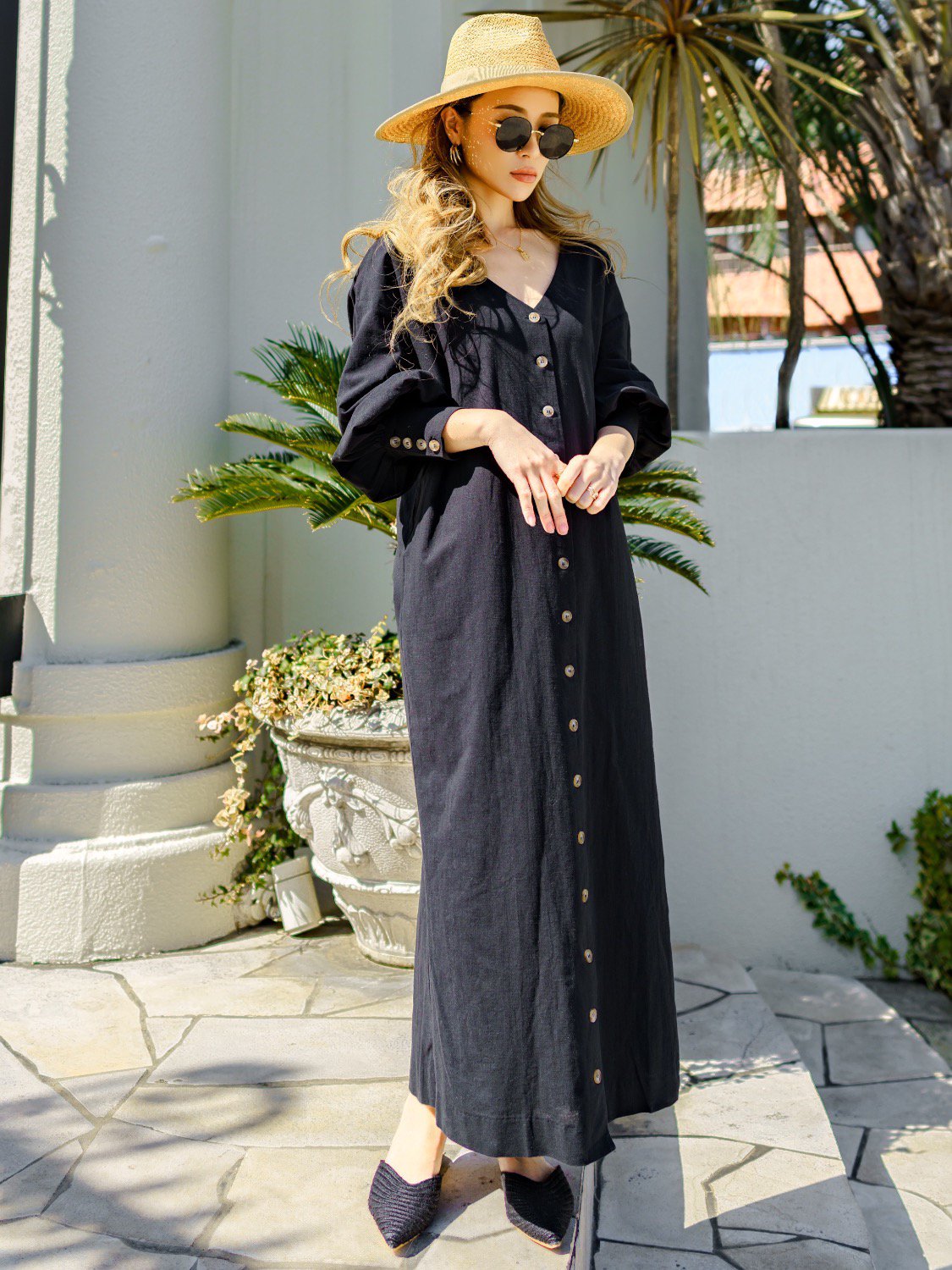 Back Twist Gather linen Long One-piece