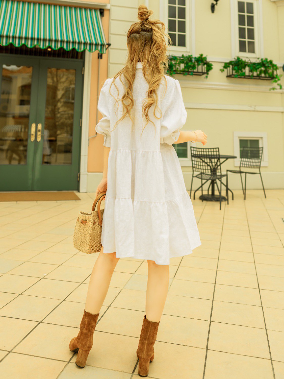Tiered Shell-button Linen Midi One-piece