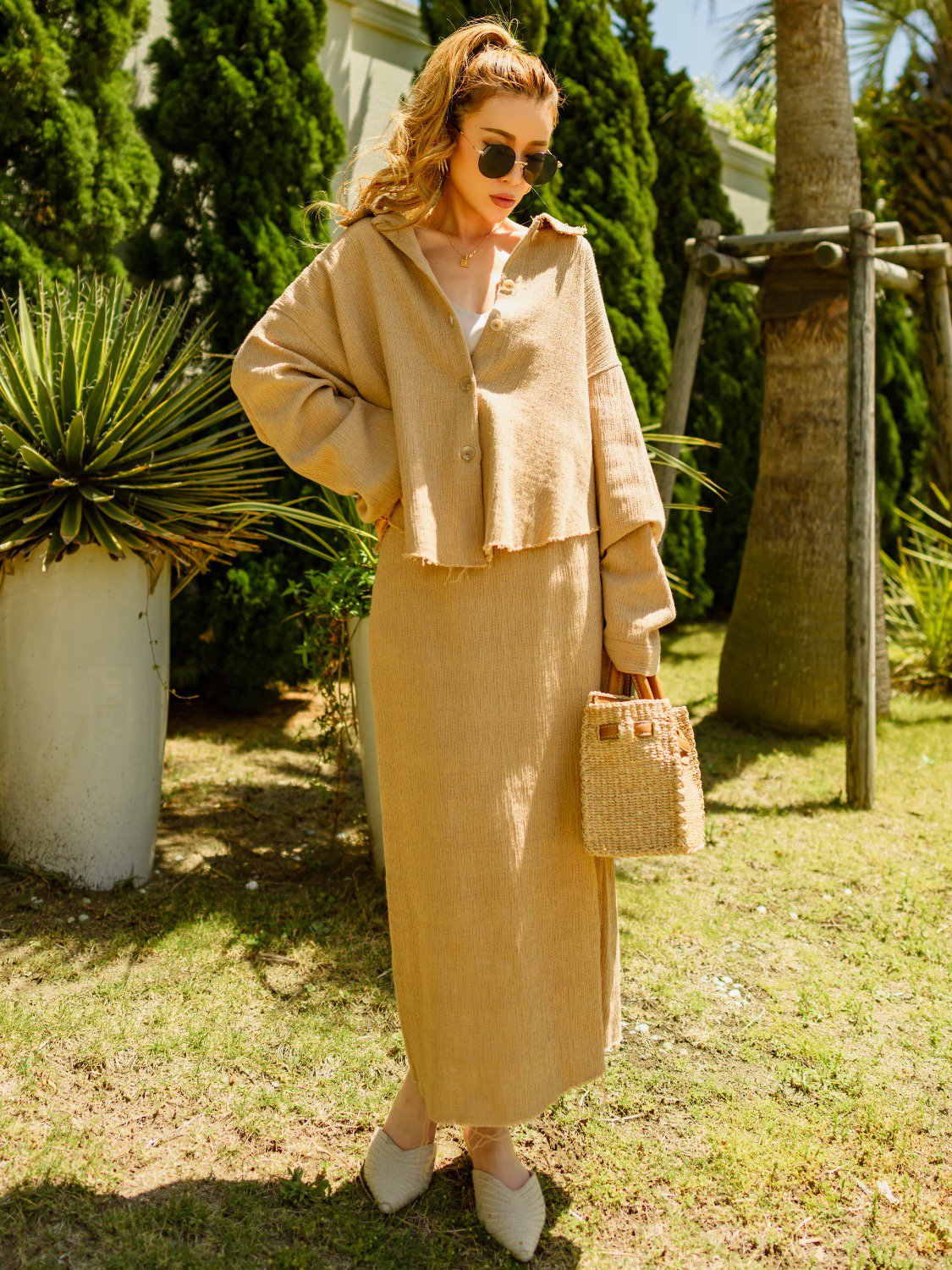 Crepe Cotton Cut-off Straight Midi Skirt