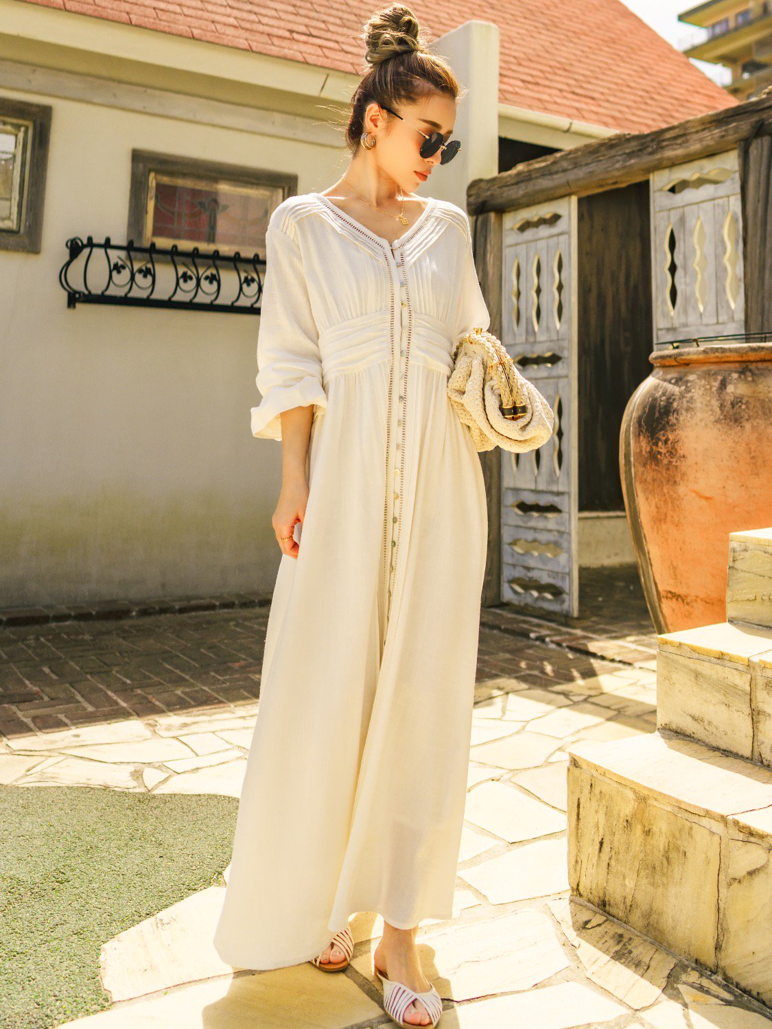 Pin-Tuck × Ladder-lace Waist Gather Gown One-piece