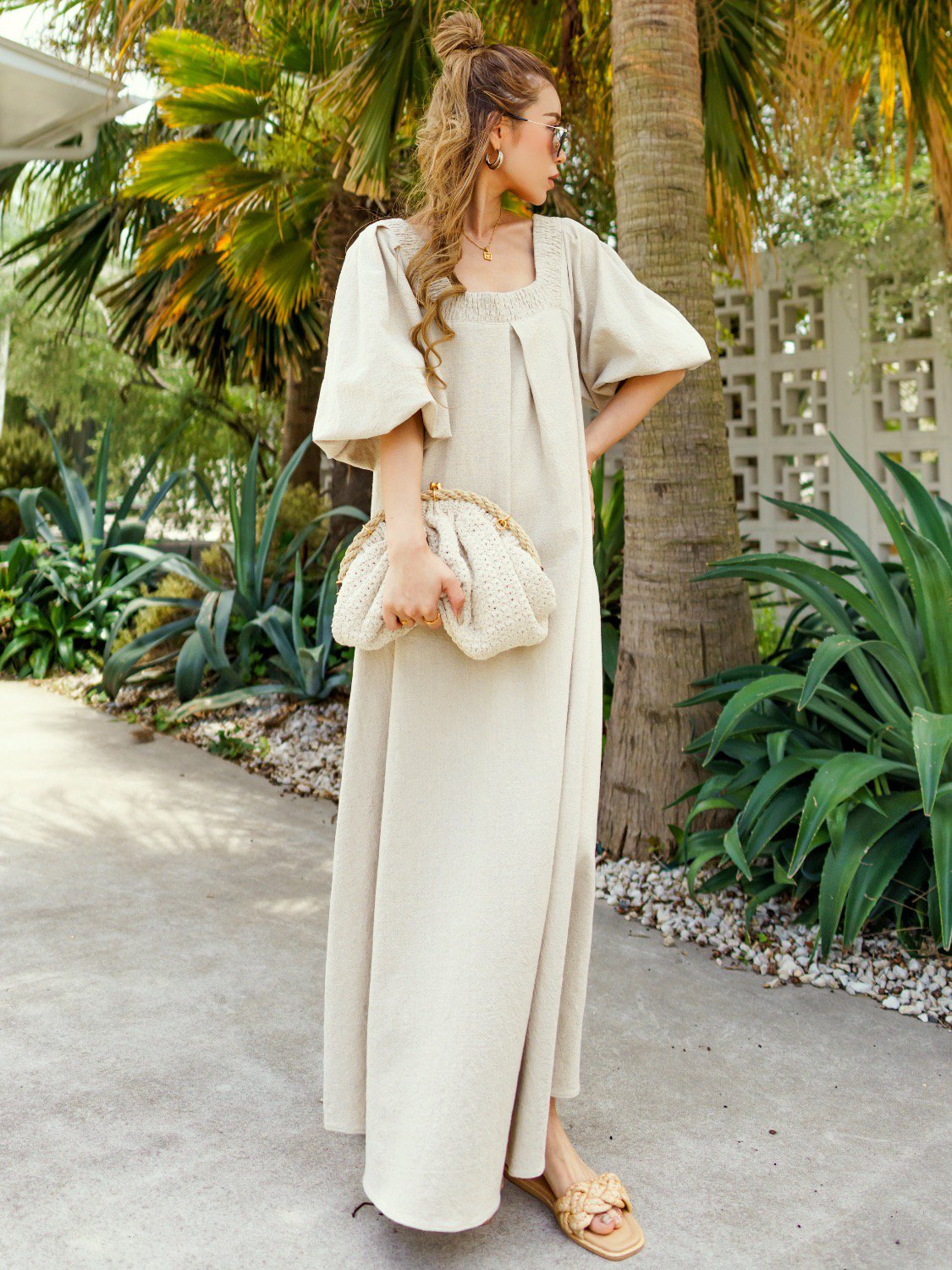 Shirring Square-cut Bollon-sleeve Linen One-piece