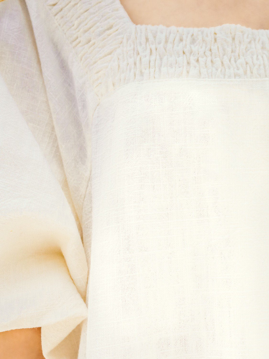 Shirring Square-cut Bollon-sleeve Linen One-piece