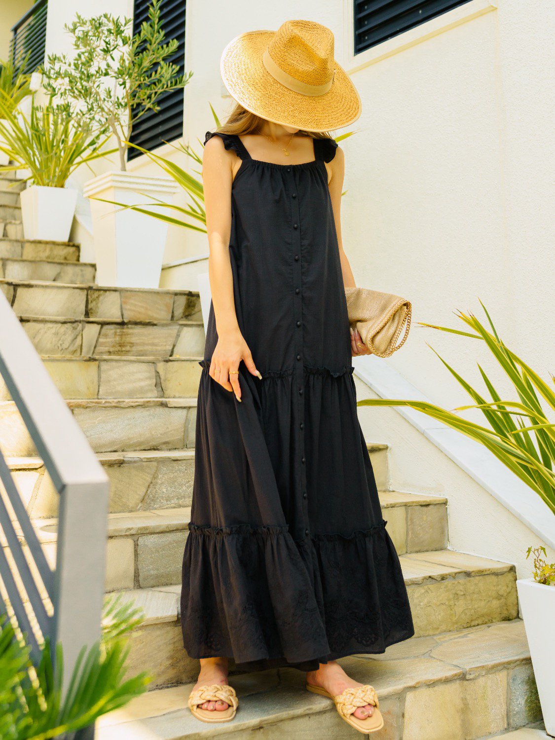 Frill×Tiered Hem-Lace Cotton One-piece