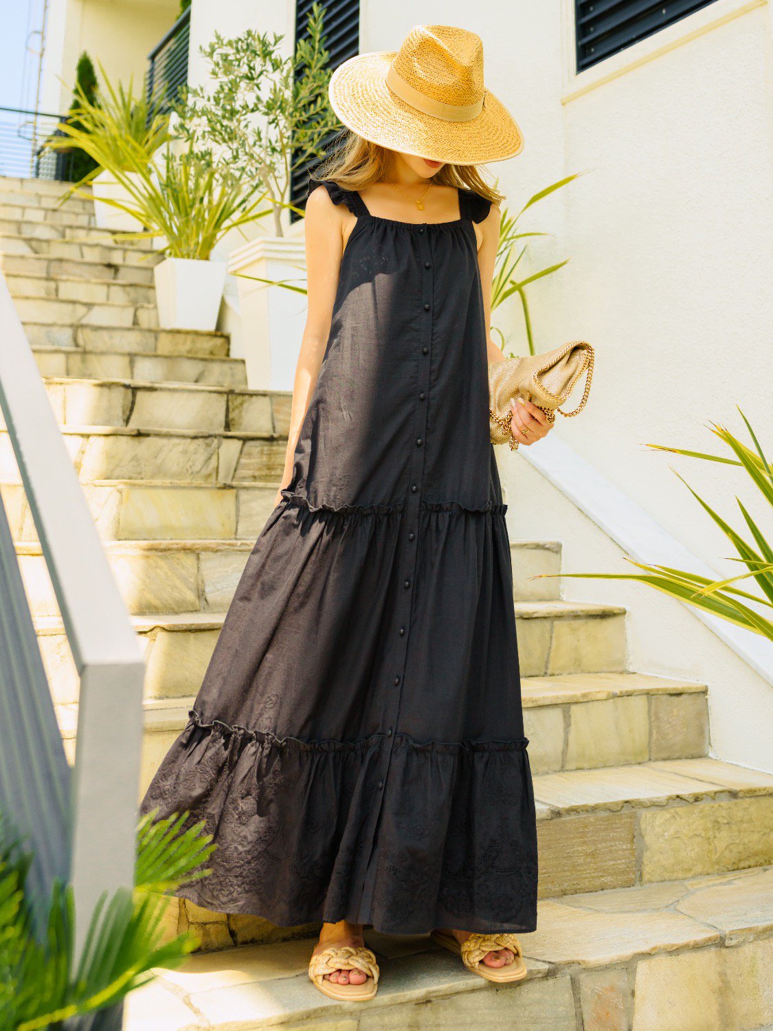 Frill×Tiered Hem-Lace Cotton One-piece